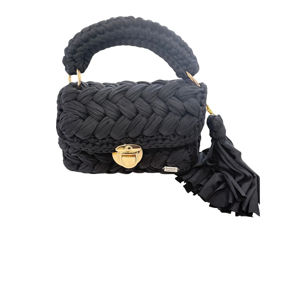 Handmade Black Woven Handbag Gold Lock Tassel Chunky Crochet Bag